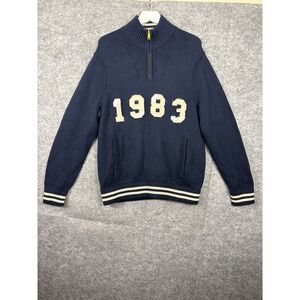 Nautica 1983 Mens Quarter Zip Sweater Navy Blue Varsity Stripe Mock Neck Medium